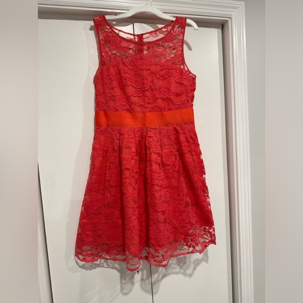 Coral lace bridesmaid dress